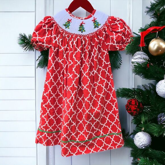 The Smocked Shop Red Embroidered Christmas Tree Dress Girls Size 4 Holiday - Picture 1 of 8